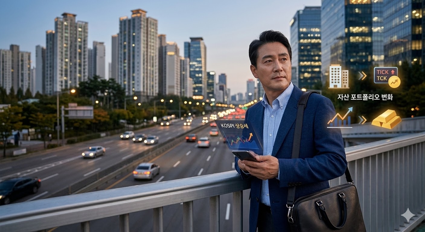 서울 도심 야경을 배경으로 부동산 전문가가 자산 이동(부동산→금융)을 고민하는 모습. 스마트폰에 상승하는 주식 차트와 자산 포트폴리오 변화를 상징하는 아이콘이 표시됨.