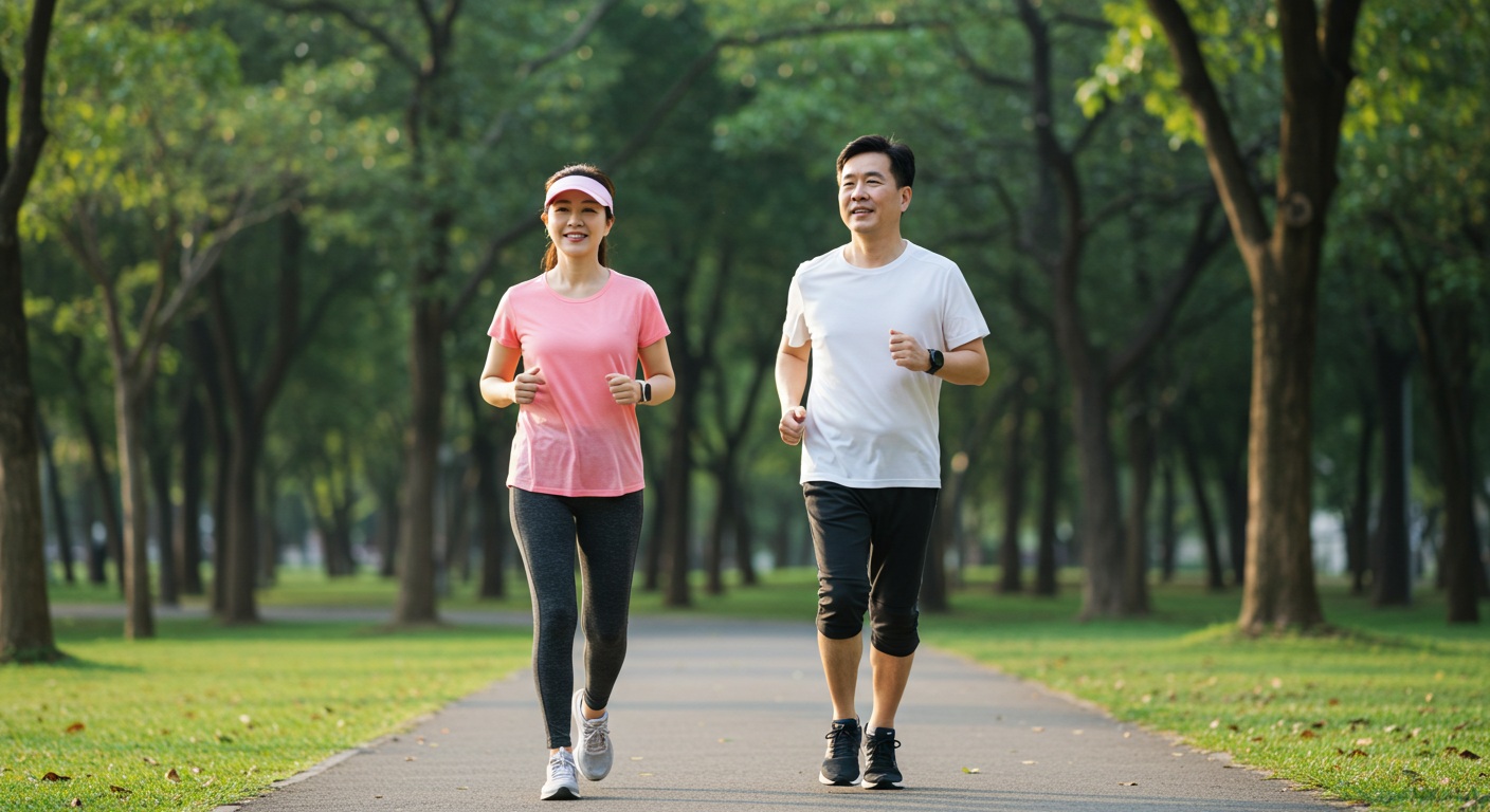 공원에서 조깅하거나 가벼운 운동을 하는 중년 남녀의 모습