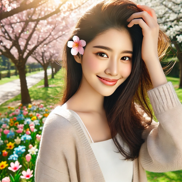 공원에서 봄꽃 사이를 걸으며 건강하게 웃는 동양인 여성