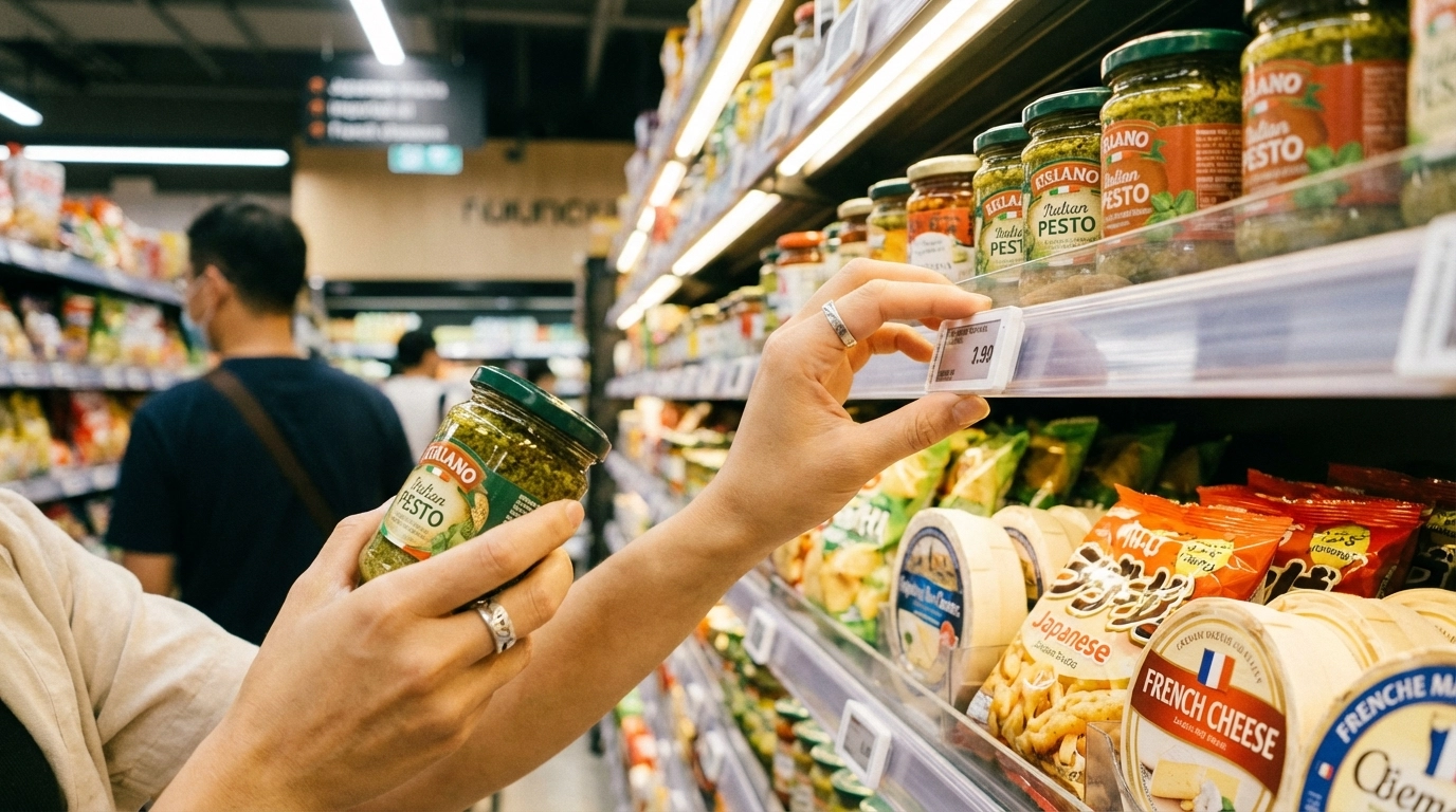 마트에서 장을 보며 가격표를 확인하는 소비자