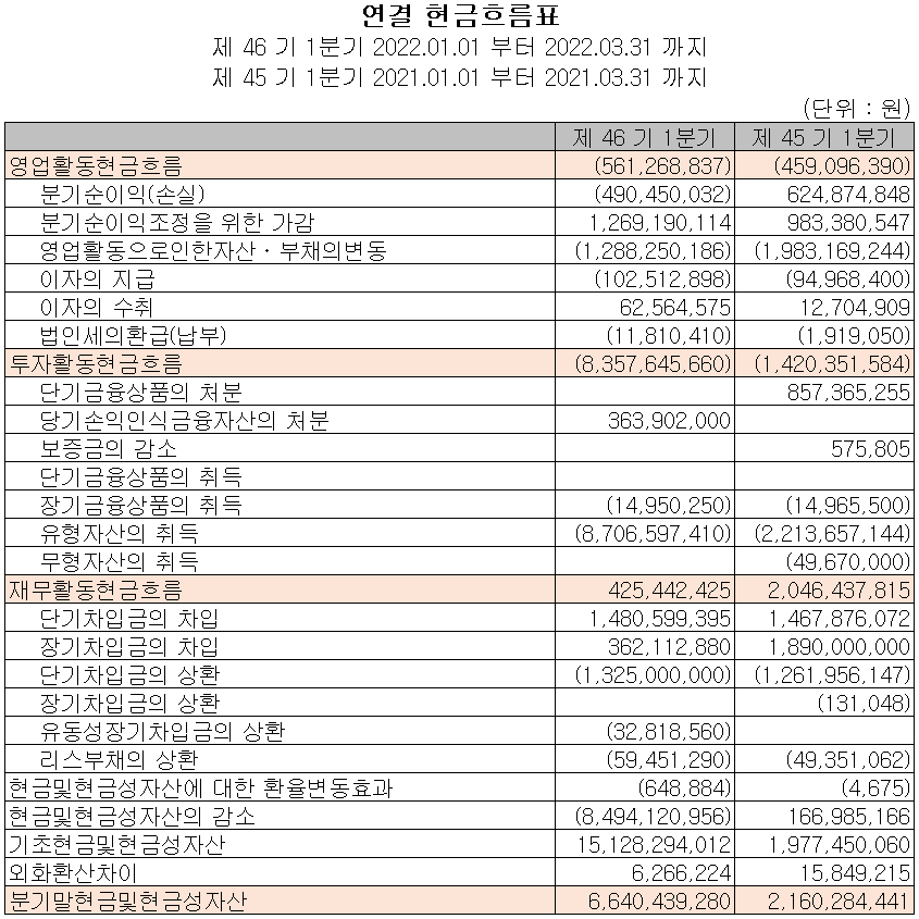 뉴인텍 - 현금흐름표