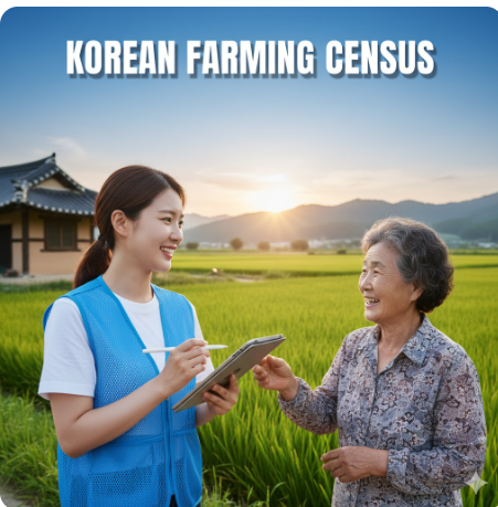 'KOREAN FARMING CENSUS' 문구와 함께 한국인 여성이 농가 앞에서 응답자와 대화하며 조사하는 모습의 이미지입니다.