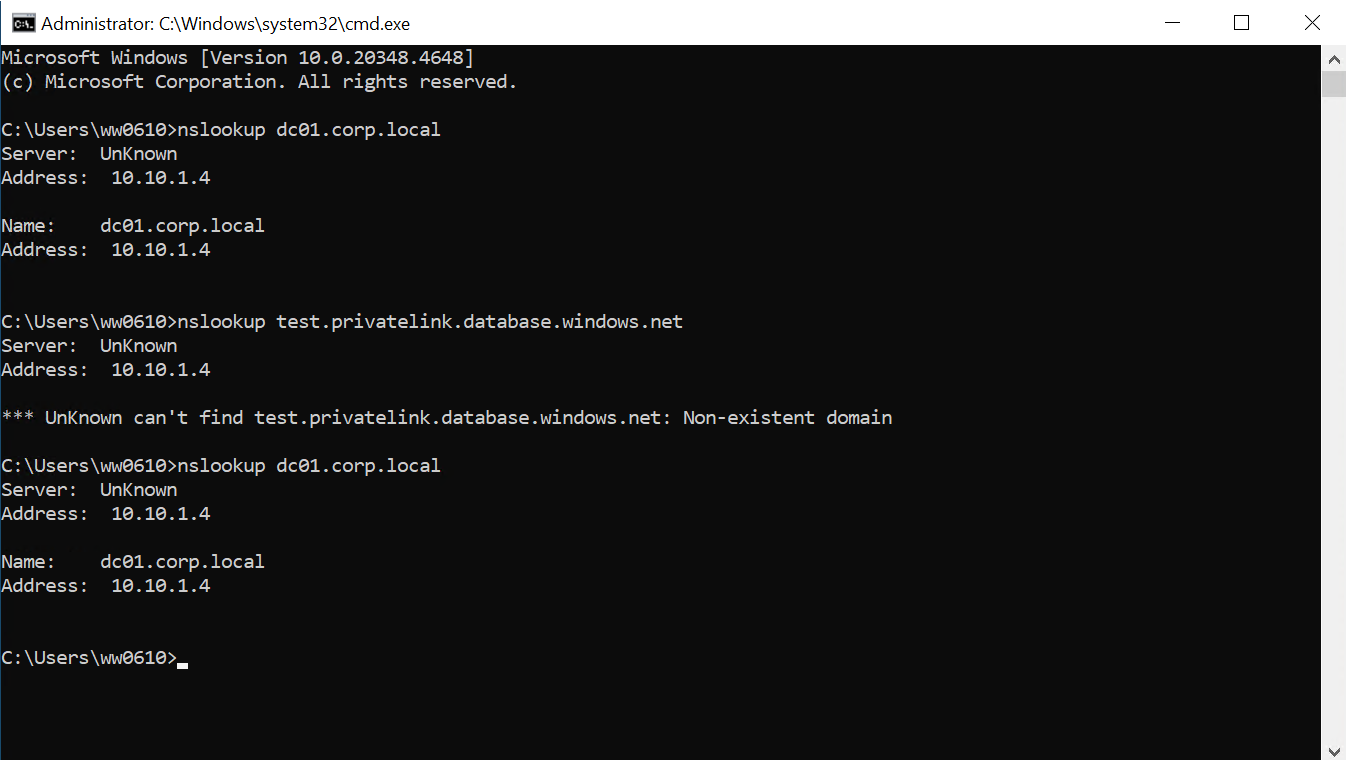 온프레미스 DNS에서 nslookup으로 corp.local 및 privatelink.database.windows.net 조회 테스트
