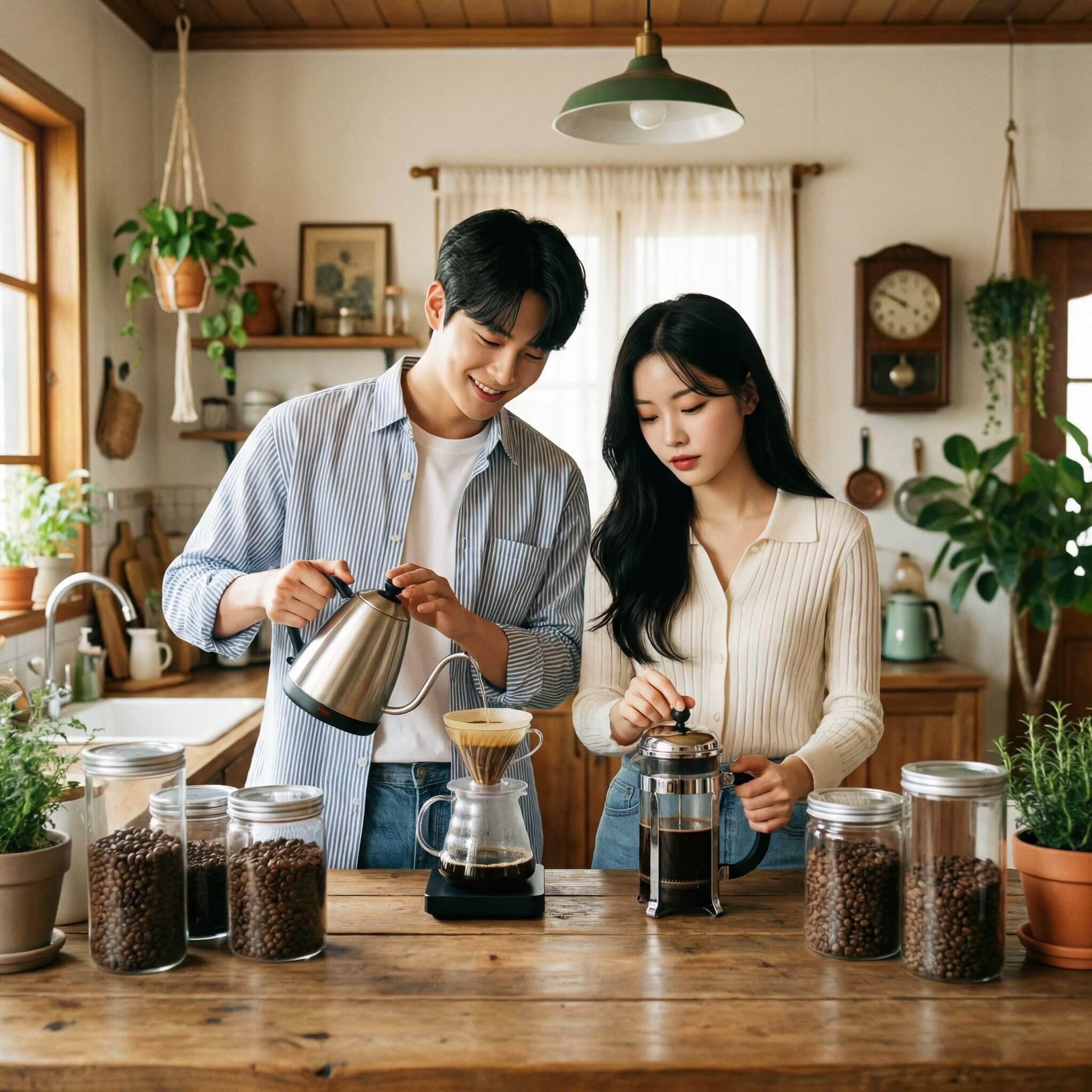 핸드드립과 프렌치프레스로 커피를 만들고있는 남자와 여자