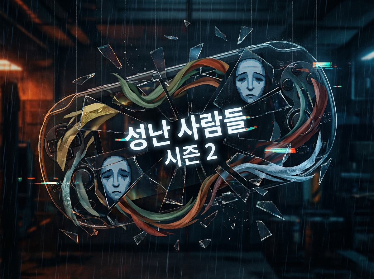 "성난 사람들 시즌 2" 타이틀 텍스트를 반사하는 파편화된 거울이 산산조각 나고 있다. 조각들은 떨어지지 않고 공중에 멈춰 서 인간 분노의 프랙탈 패턴을 만들어낸다. 유리 파편들 사이로 라디오헤드의 "The Bends" 앨범 아트(스타일화된 우울한 얼굴)와 사계절의 색상이 뒤엉켜 있다.