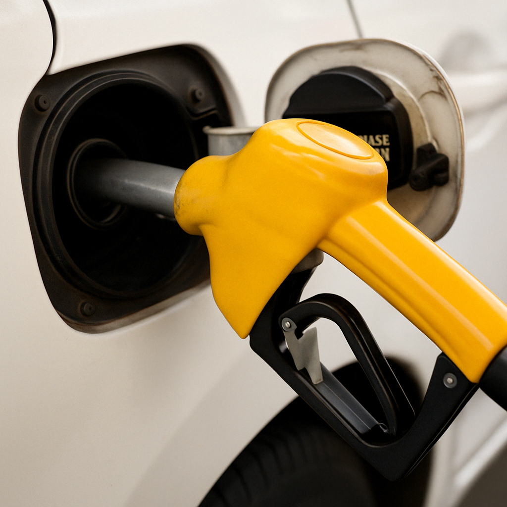 자동차 주유구에 노란색 주유 노즐이 꽂혀 있는 클로즈업 이미지.
