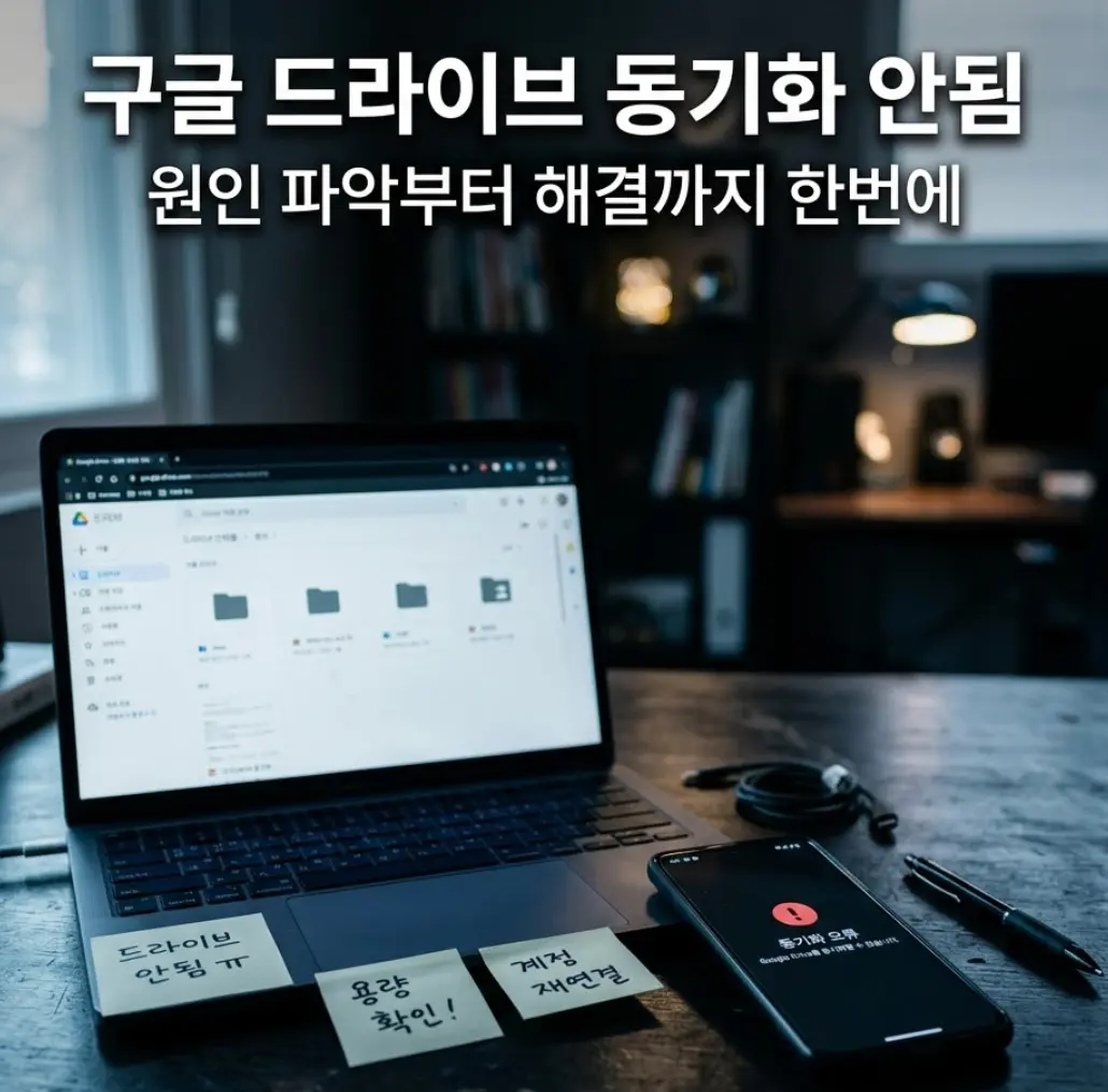다크 데스크 위 노트북과 스마트폰에 구글 드라이브 동기화 오류 화면이 표시된 IT 블로그 썸네일, 쿨톤 조명과 스티커 메모 소품 연출