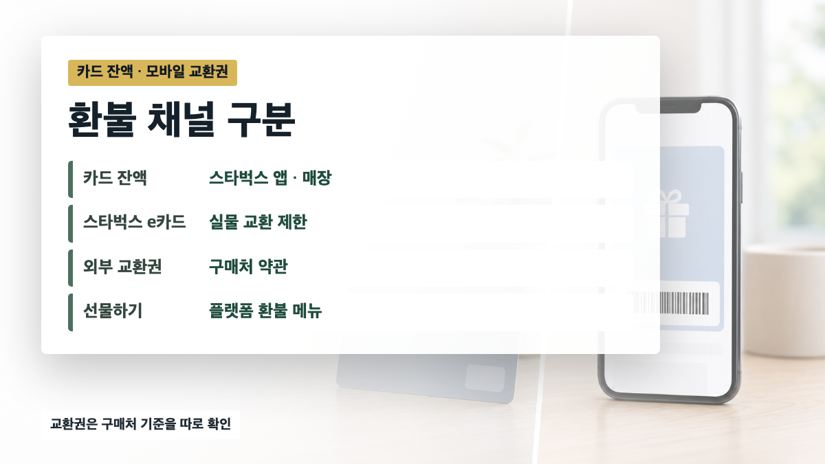 스타벅스 카드 잔액은 스타벅스 앱과 매장 기준, 모바일 교환권은 구매처 약관 기준으로 환불된다
