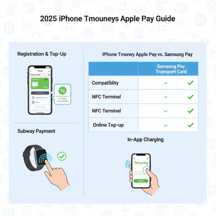 2025 아이폰 티머니 애플페이 등록&middot;충전&middot;지하철 결제 모습, 삼성페이 교통카드와 직접 비교, NFC 단말기 설치 현장, 소비자가 어플로 충전하는 인포그래픽, 밝고 혁신적인 카드 UI 아이콘 스타일