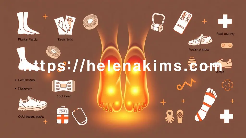 발뒤꿈치와 편안해진 발바닥을 중심으로. 주변에는 족저근막 스트레칭 동작, 쿠션감 있는 기능성 신발, 냉찜질 팩, 테이핑된 발, 의료 아이콘들이 있는 그래픽 이미지.