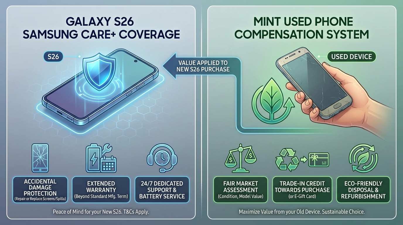갤럭시 S26 삼성케어플러스 보장 내용과 민팃 중고폰 보상 시스템을 설명하는 이미지