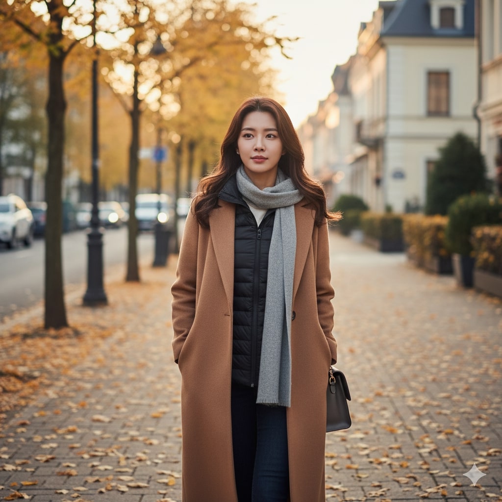 따뜻한 코트 안에 슬림한 검은색 경량패딩을 겹쳐 입고 있는 여성