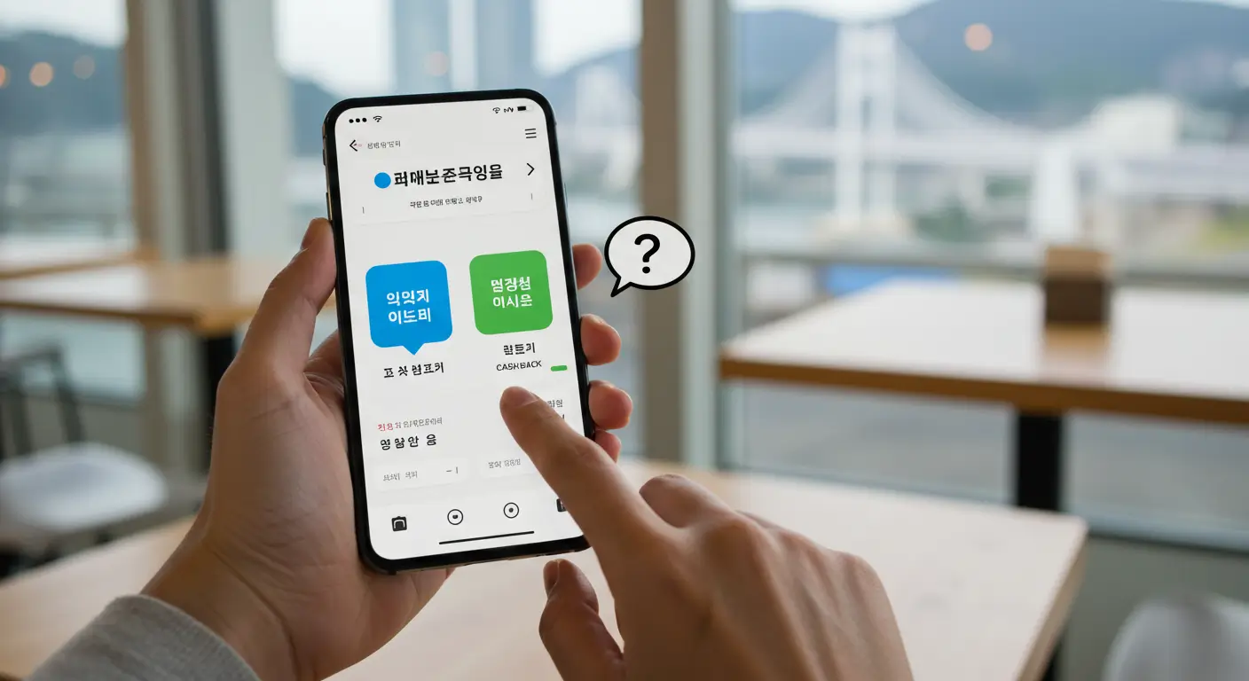 한 부산시민이 스마트폰의 동백전 앱 화면을 보며, 민생회복 소비쿠폰 잔액과 캐시백 적용 여부를 확인하며 궁금해하는 모습