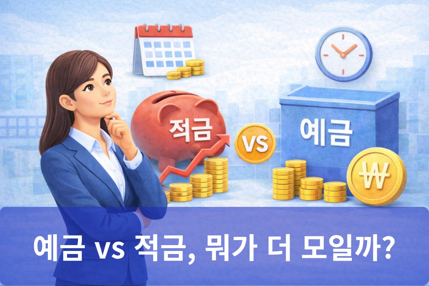 예금과 적금 중 어떤 금융상품이 더 유리한지 고민하는 여성과 저금통, 금고, 동전이 함께 표현된 금융 비교 일러스트