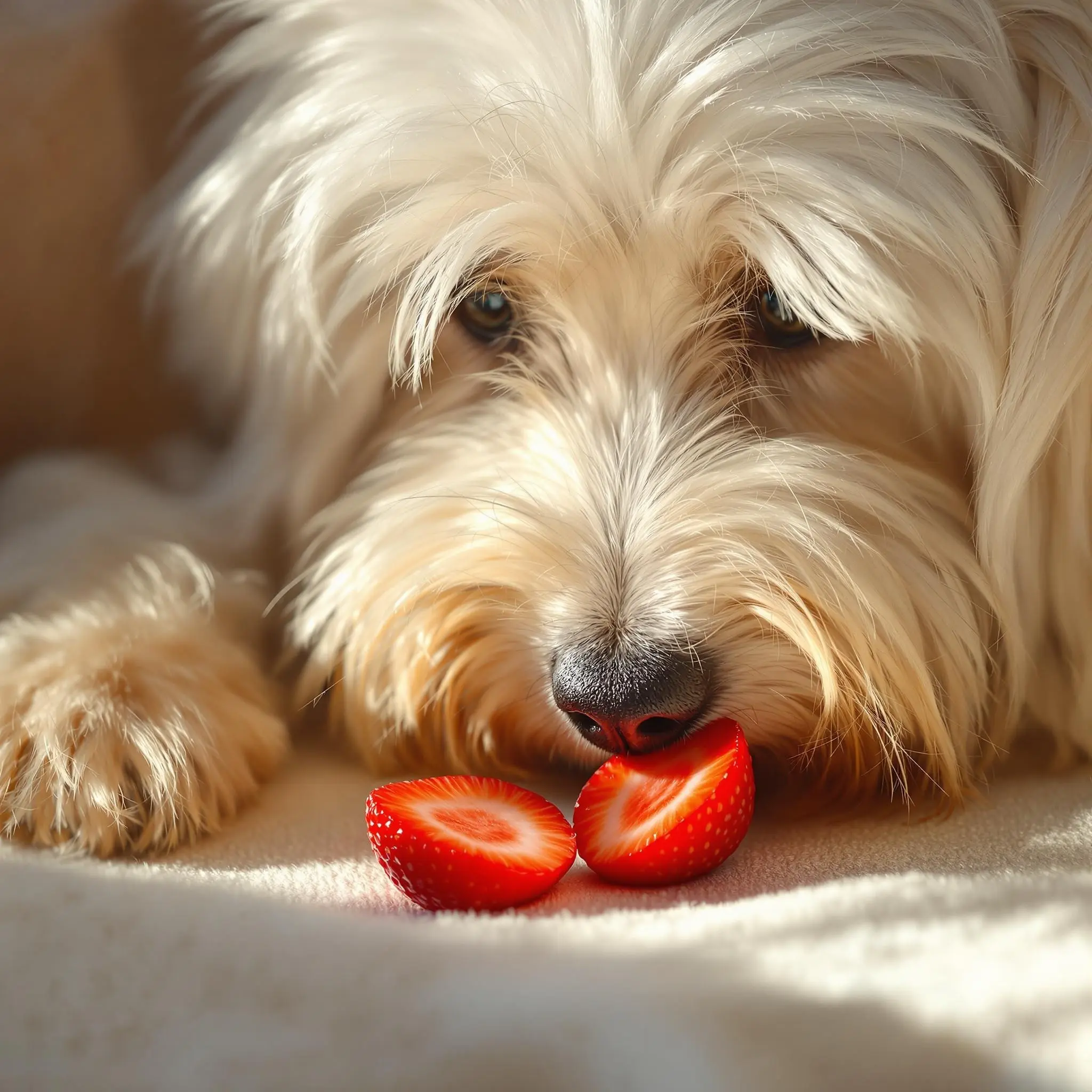 하얀 말티즈 강아지가 반으로 자른 딸기를 코로 밀어보는 모습