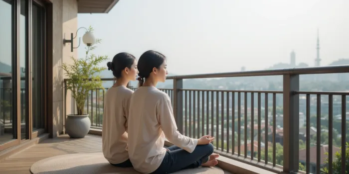 발코니에서 명상음악 듣는 커플