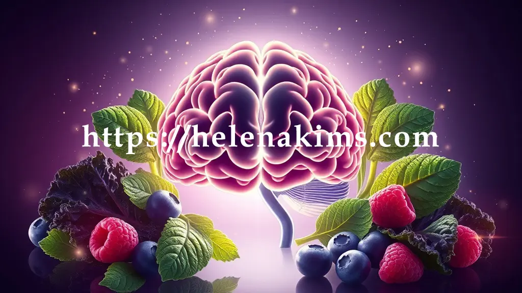 밝고 배경 중앙에 인간 뇌가 있고 뇌 주변을 신선한 시금치, 케일 잎과 영롱한 블루베리, 라즈베리가 부드러운 곡선 형태로 감싸며 강력한 보호막을 형성. 음식들에서 뿜어져 나오는 미세한 빛의 입자들이 뇌로 스며드는 효과를 표현한 이미지.