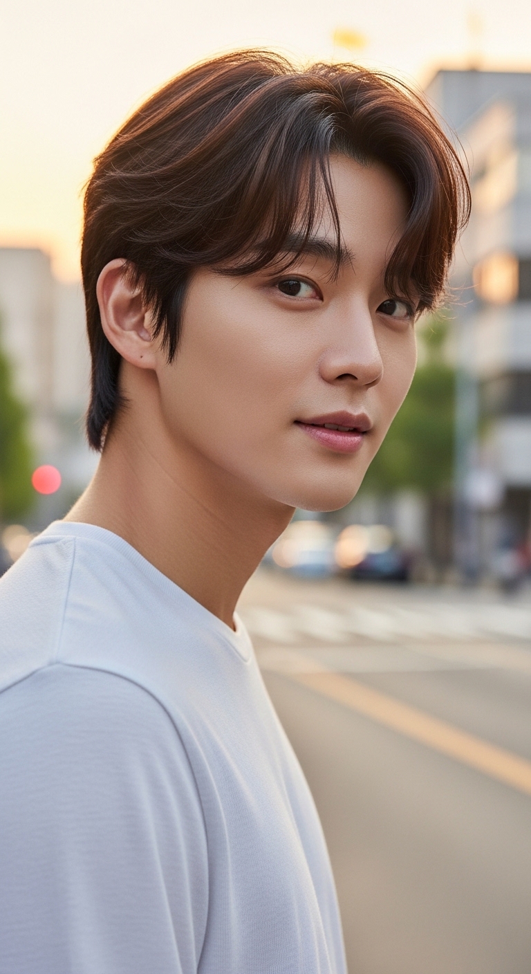 앞머리를 가볍게 숱을 쳐서 이마가 은은하게 비치는 세련되고 내추럴한 시스루 댄디컷 스타일의 남성 모델