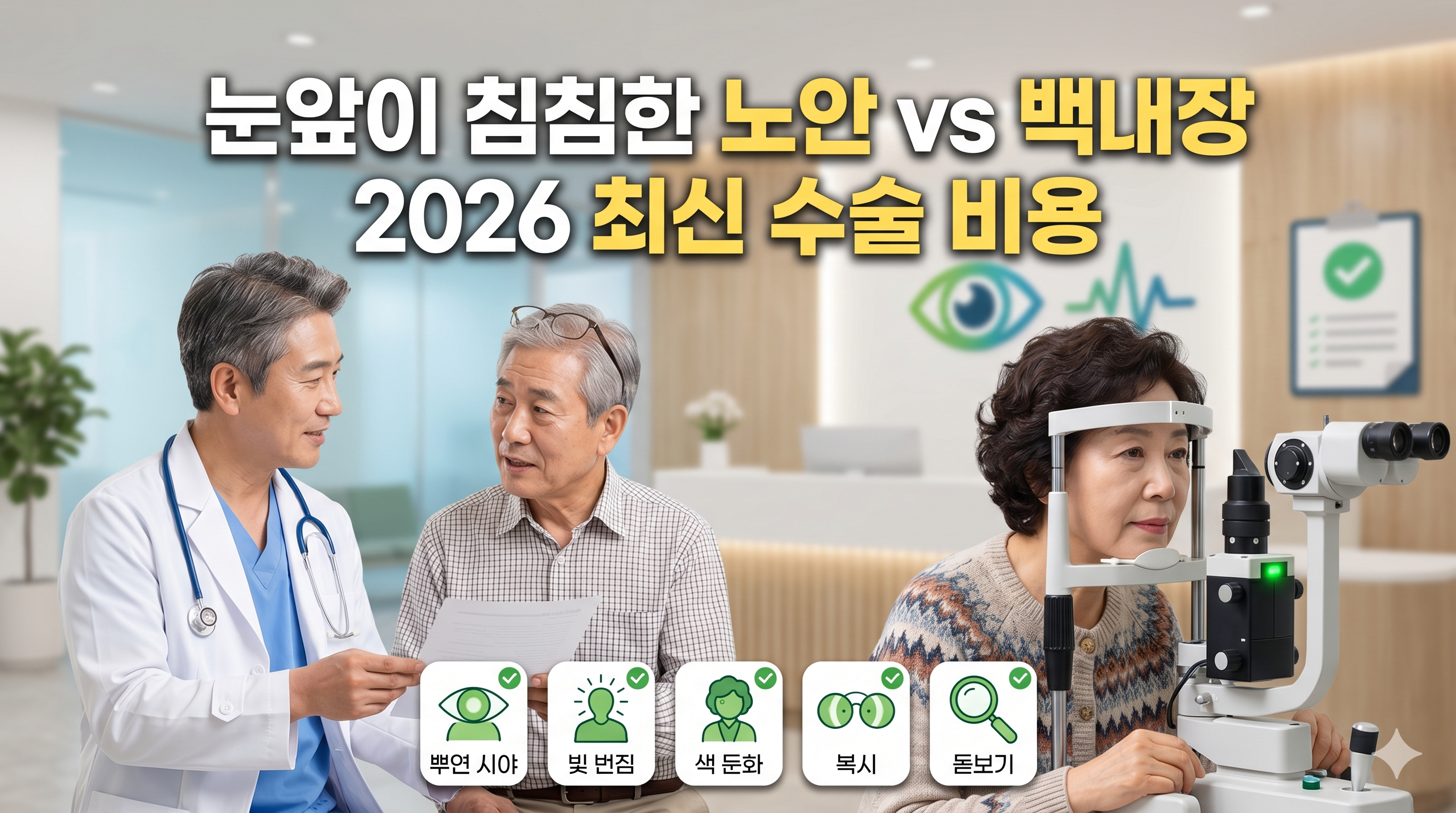 2026년 중년 눈 건강 가이드: 노안과 백내장의 증상 차이, 자가진단법, 다초점 인공수정체 수술 비용 정보를 담은 썸네일 이미지