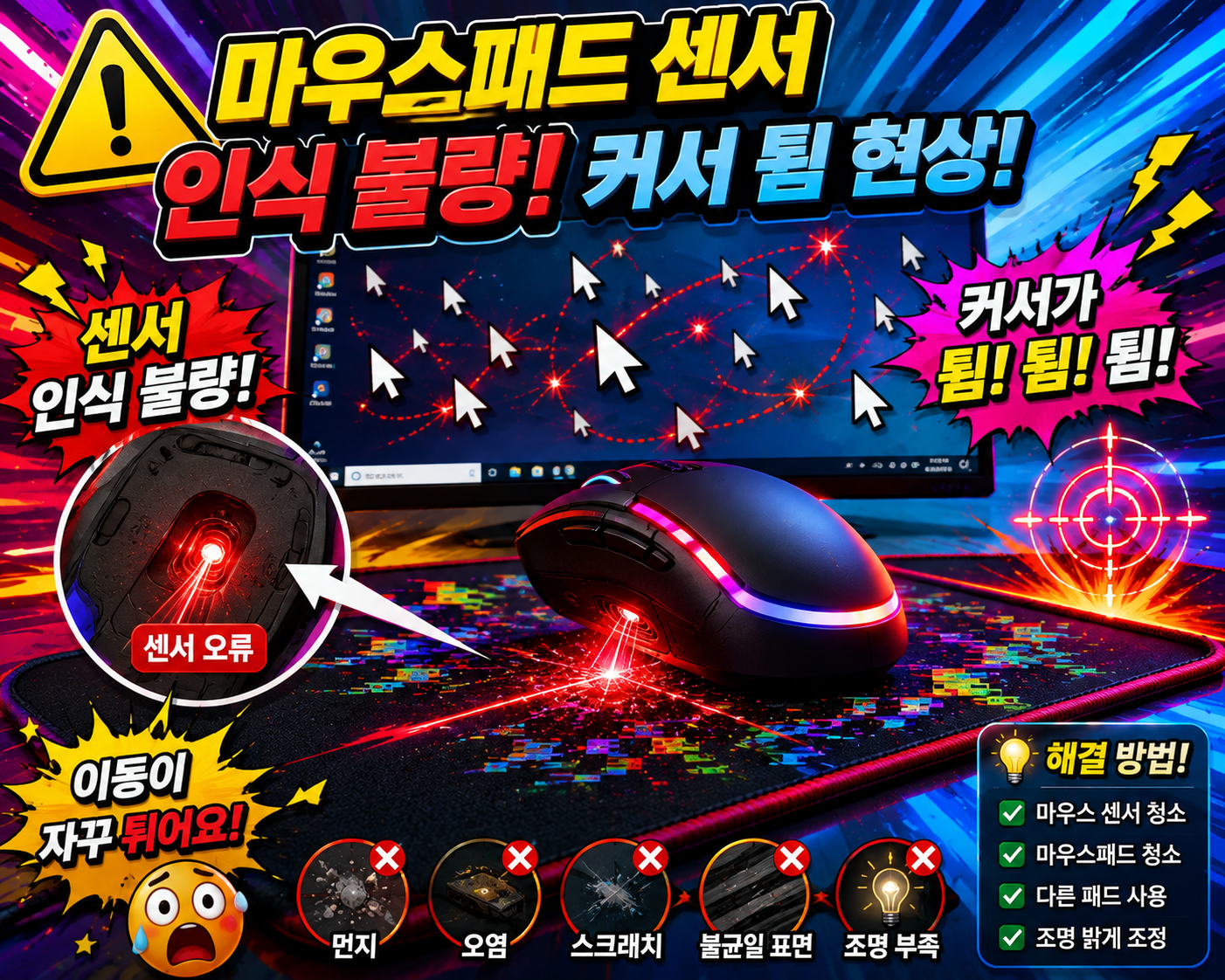 마우스 커서 튀는 현상 해결방법 총정리 마우스패드 표면 문제 광마우스 레이저마우스 트래킹 오류 원인
