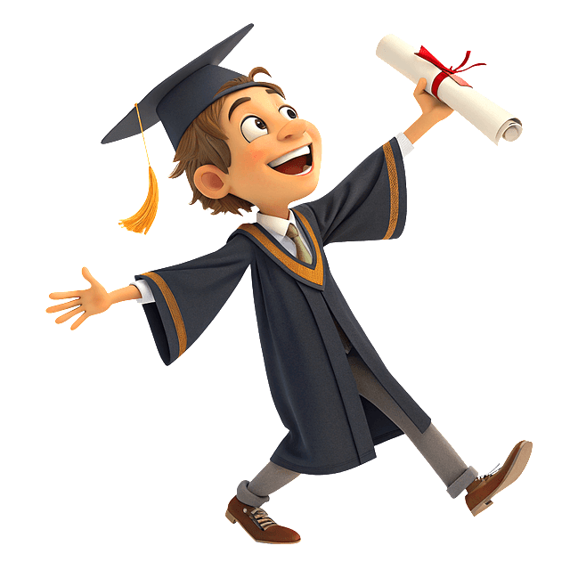 남자 대학생이 검정 학사모를 쓰고 학사복을 입은채 둘둘 말린 하얀 졸업장을 왼손에 들고 팔을 벌려 웃고있다.