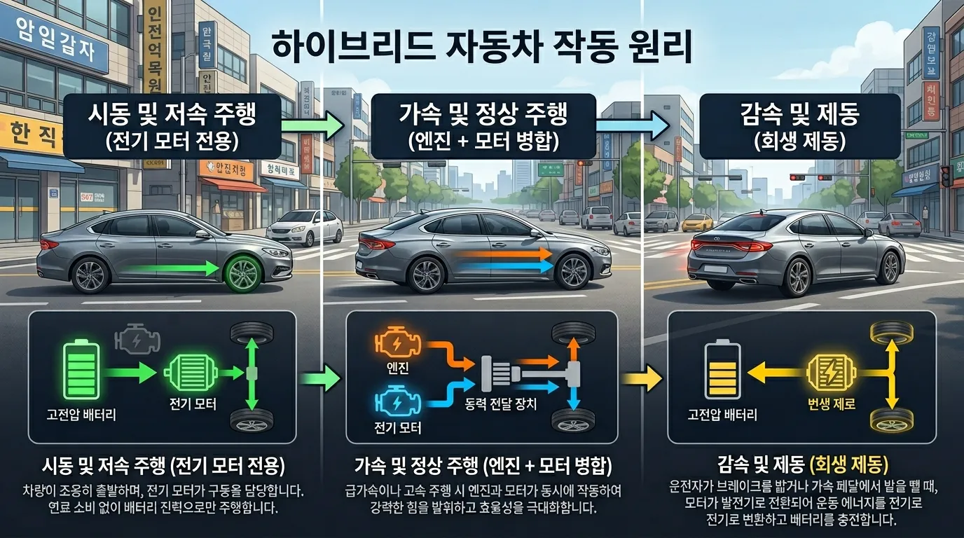 하이브리드 자동차가 출발 가속 감속에서 어떻게 작동하는지 흐름을 보여주는 이미지