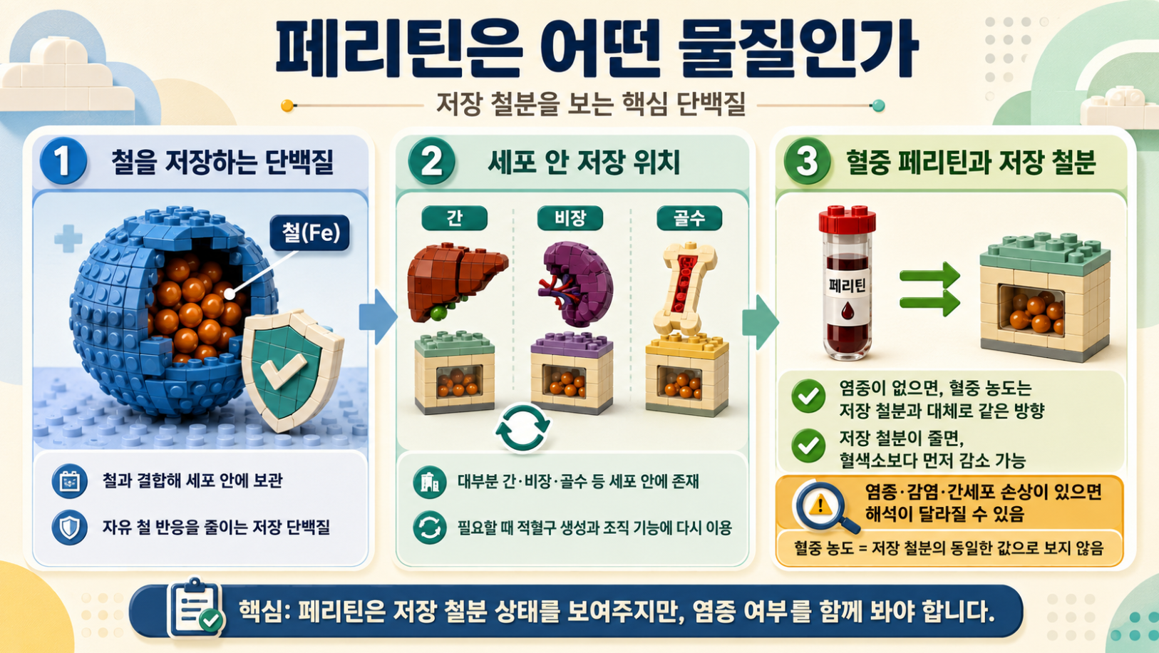 페리틴은 어떤 물질이며 세포 안에서 철을 저장하고 혈중 페리틴이 저장 철분과 어떤 관계를 가지는지 설명한 레고 스타일 메디컬 인포그래픽
