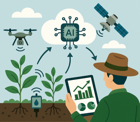 농업 빅데이터 수집 과정을 표현한 인포그래픽. 센서, 드론, 위성이 데이터를 수집해 클라우드와 AI 분석 시스템으로 전송하고, 농민이 스마트 기기로 시각화된 데이터를 확인하는 장면을 보여주는 이미지.