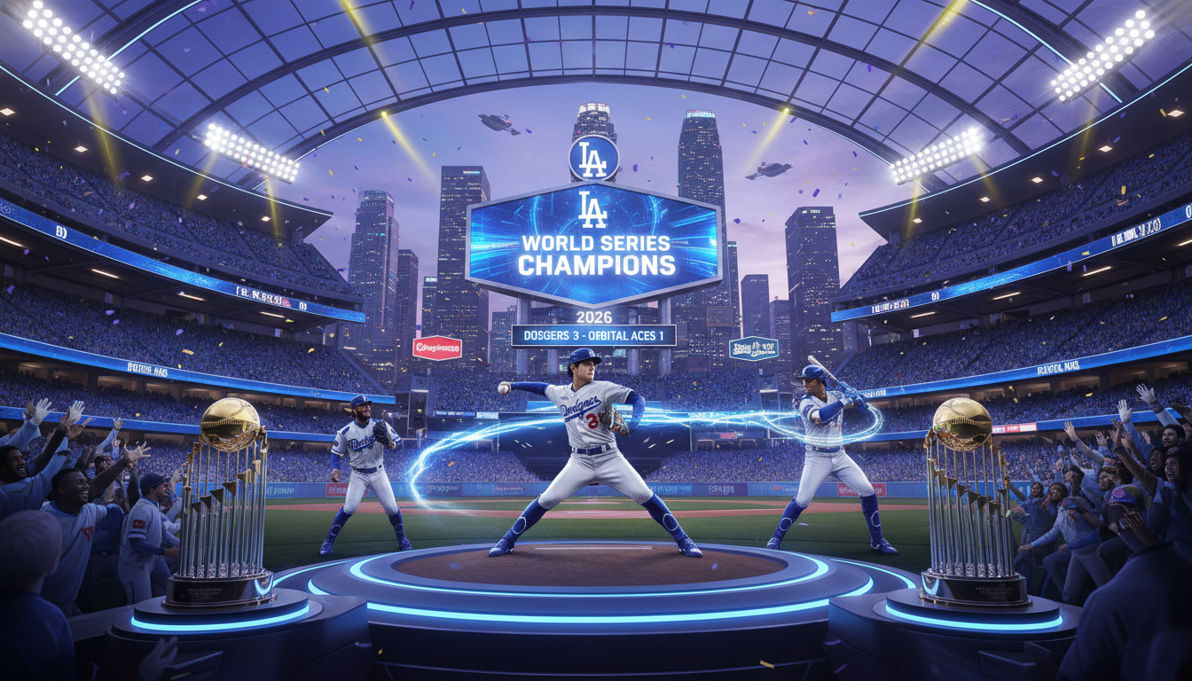 2026년 다저스 스타디움에서 세 개의 월드 시리즈 트로피와 함께 승리를 축하하는 오타니 쇼헤이, 프레디 프리먼, 무키 베츠 등 다저스 핵심 선수들의 모습.
