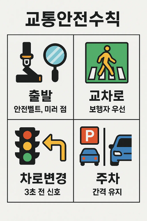 도로주행 시험에서 출발 시 안전벨트 확인, 교차로 보행자 우선, 차로 변경 3초 전 신호, 주차 시 간격 유지 등 필수 교통안전수칙을 안내한 인포그래픽