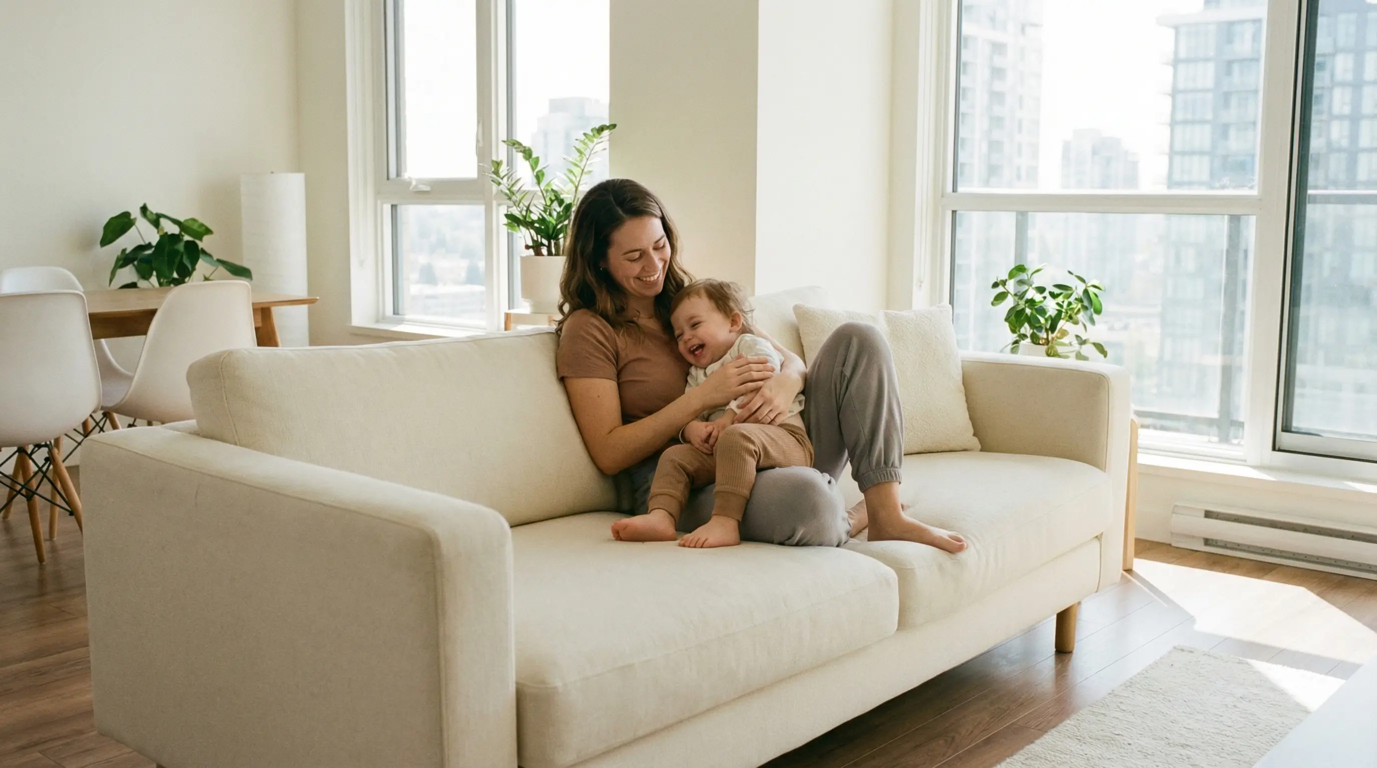 깨끗하고 안락한 새집 거실에서 아이를 안고 환하게 웃고 있는 한부모의 편안한 모습
