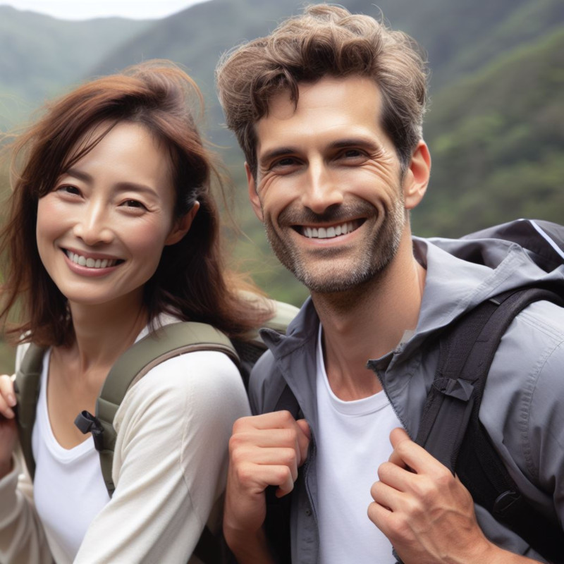 남여 한쌍이 웃으면서 등산을 하고 있다