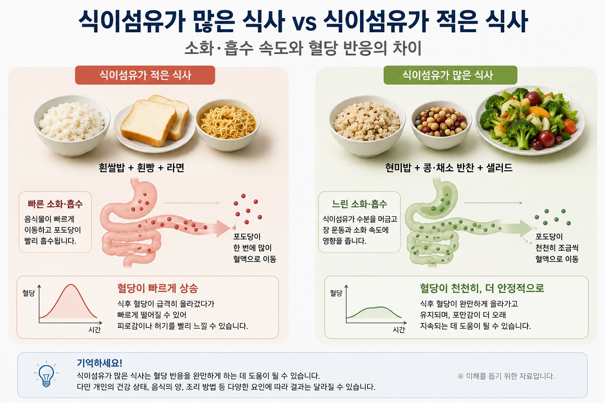 흰쌀과 통곡물 콩 채소로 구성한 식사의 소화 속도 차이를 보여 주는 이해용 구성