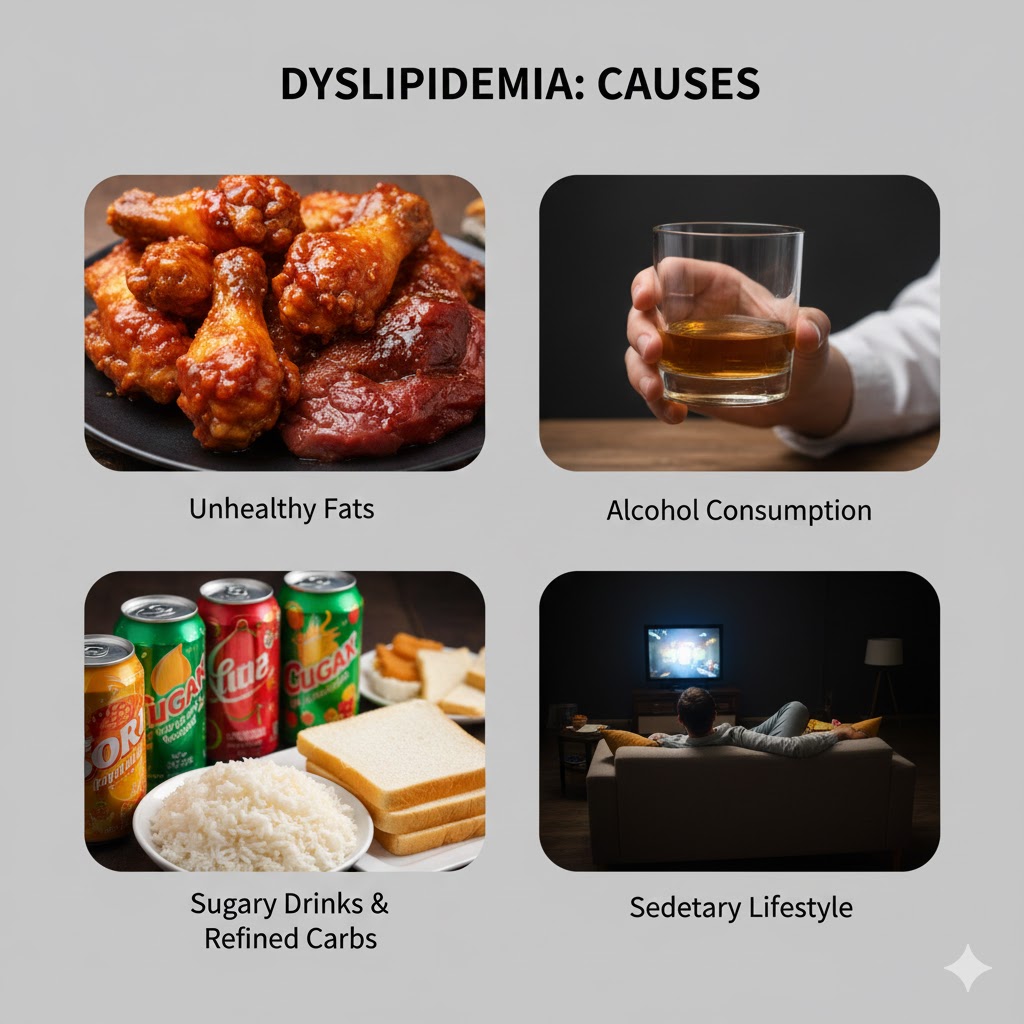 고지혈증 원인 기름진음식 음주 탄수화물 운동부족