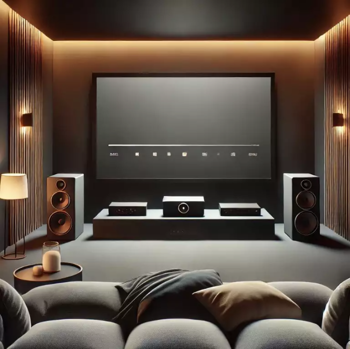 대형 프로젝터 스크린, 푹신한 쿠션이 있는 편안한 소파, 서라운드 사운드 시스템, 부드러운 간접 조명으로 꾸며진 홈 시어터의 간단한 삽화. 어두운 벽과 따뜻한 색조로 시네마틱하고 아늑한 분위기를 연출한 디자인.