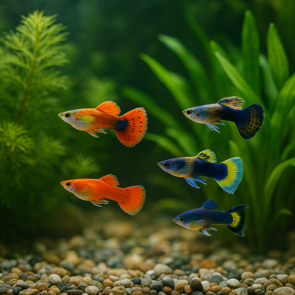 맑은 수초 어항 속 다양한 색상의 구피가 여유롭게 헤엄치는 장면
