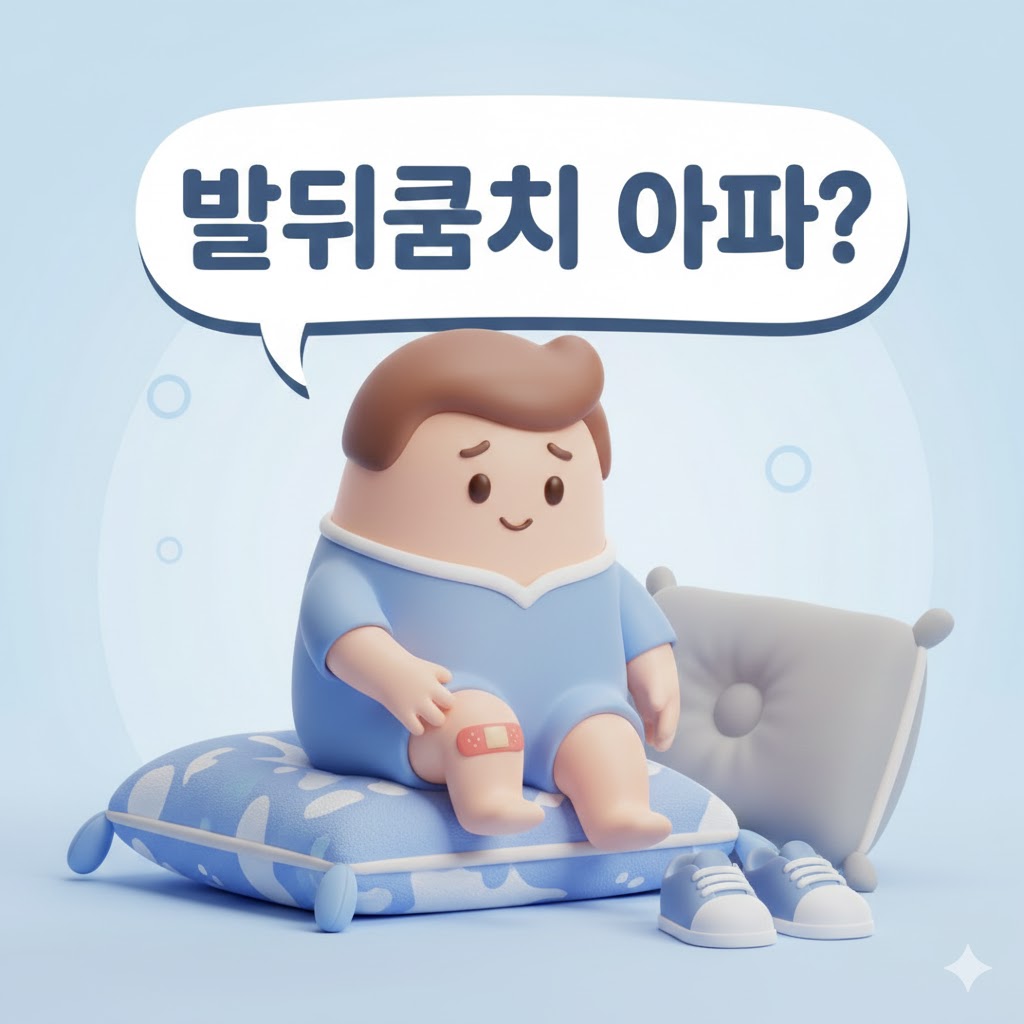 발뒤꿈치가 아파 걱정하는 귀여운 캐릭터와 편안한 신발, 발뒤꿈치 통증 원인과 관리법을 안내하는 3D 카툰 일러스트.