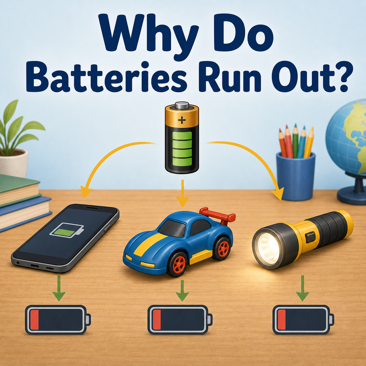 A simple educational illustration showing why batteries run out