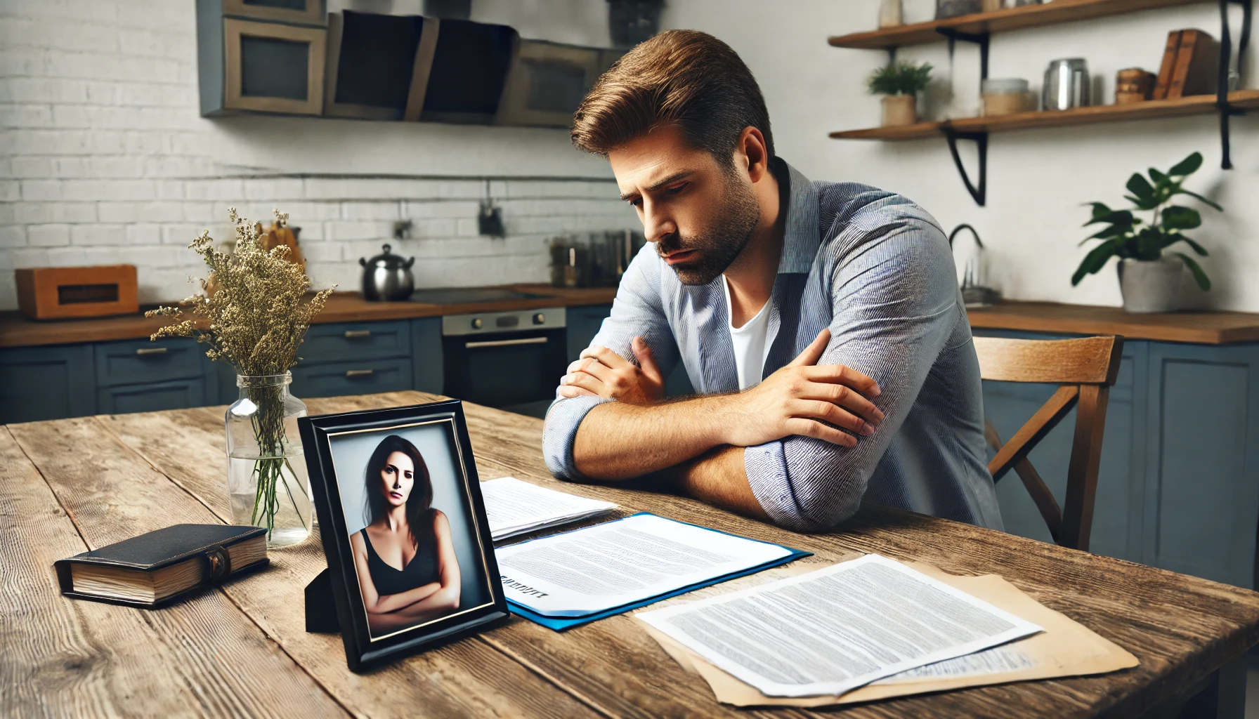 40대 남성이 혼자 식탁에 앉아 법적 문서와 여성의 사진 액자를 앞에 두고 있으며, 파트너를 잃은 후 법적 문제를 다루는 어려움을 보여줍니다