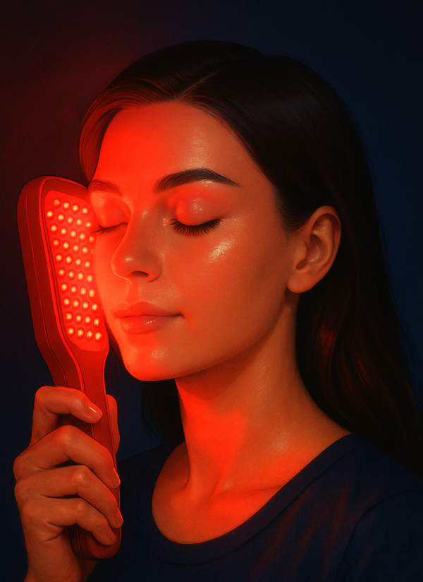 LED 레드 라이트 디바이스로 얼굴에 빛을 쬐고 있는 여성의 모습, 피부 재생과 안티에이징 홈케어를 상징하는 일러스트