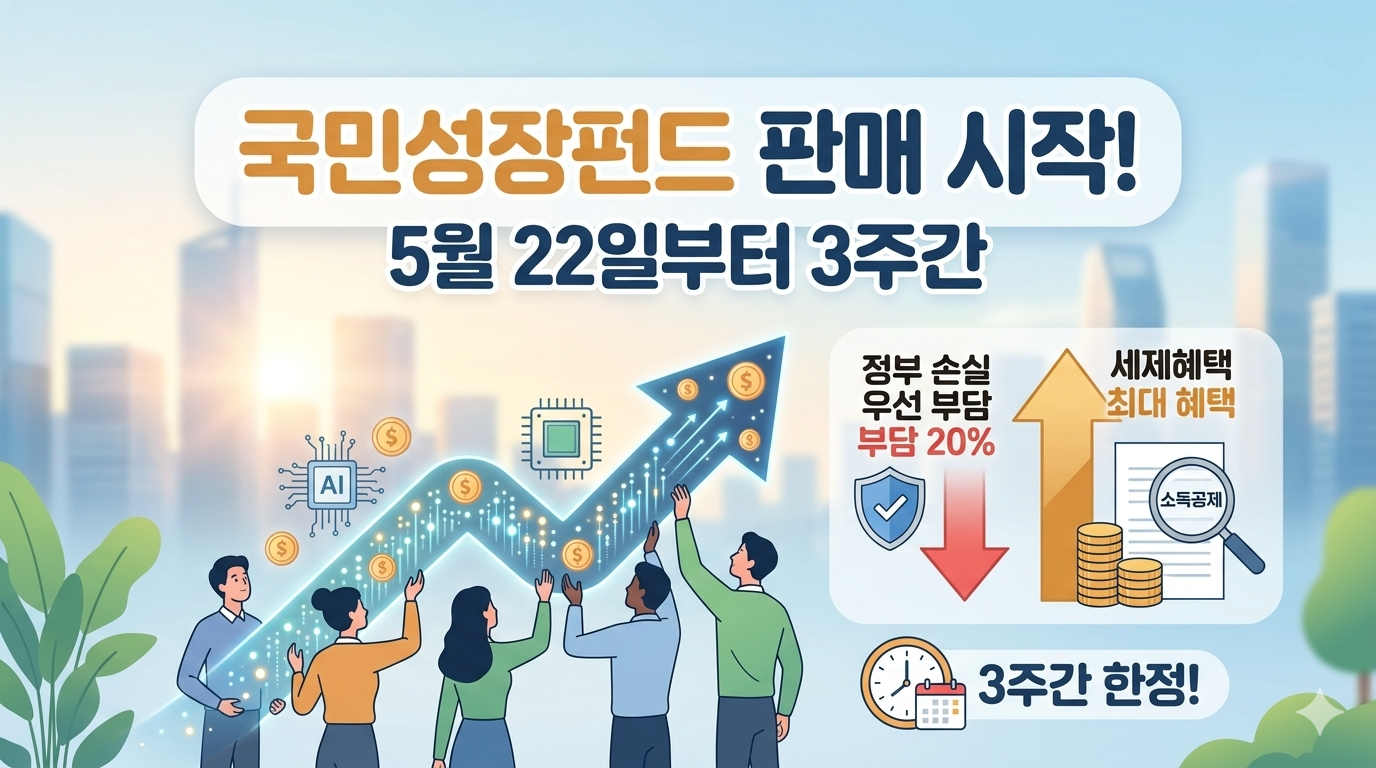 "국민참여형 국민성장펀드 판매 시작! 5월 22일부터 3주간 한정 판매. 정부가 20% 손실 우선 부담, 소득공제 및 세제혜택까지 포함된 금융 기회를 시각화한 이미지."