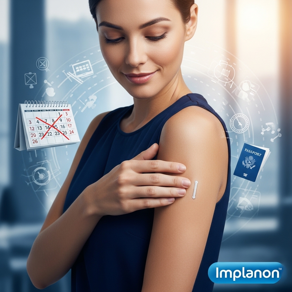 임플라논 시술 후 팔을 만지며 평온한 미소를 짓는 여성의 모습. 피임 걱정 없이 자유로운 삶을 상징.