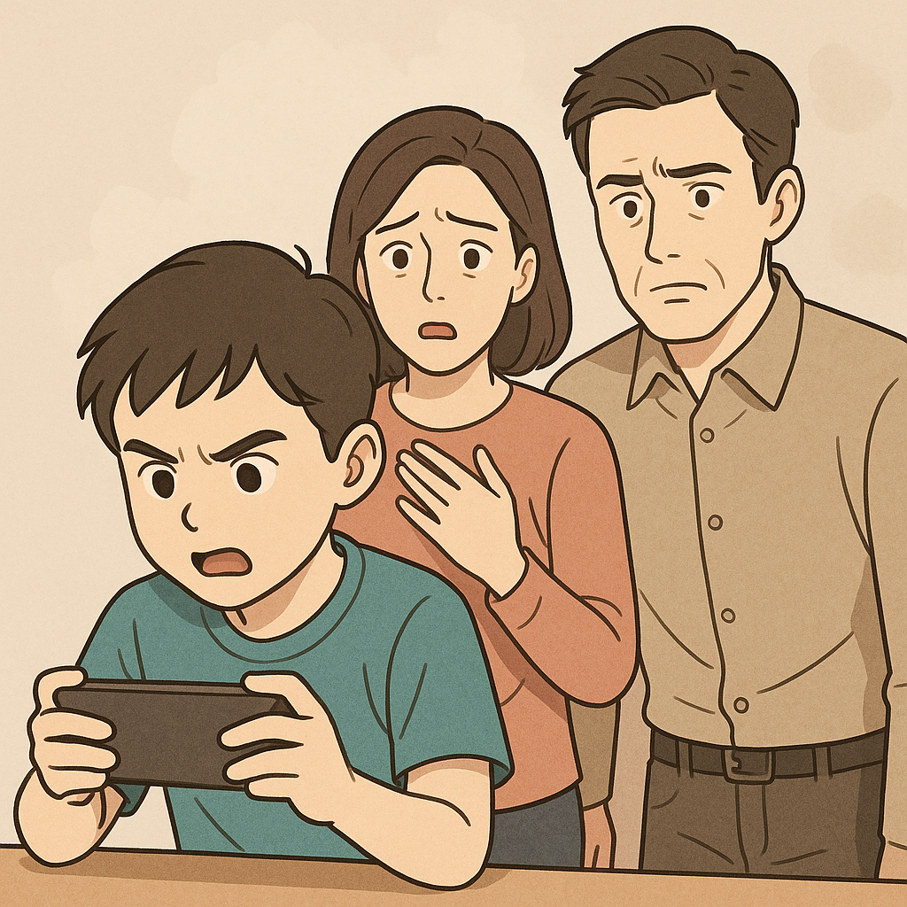 게임에 몰입한 초등학생과 걱정스러운 눈빛의 부모 일러스트