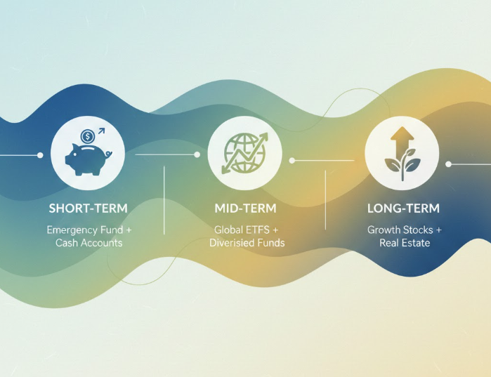 단기·중기·장기 자산배분 구조를 시각적으로 표현한 금융 인포그래픽