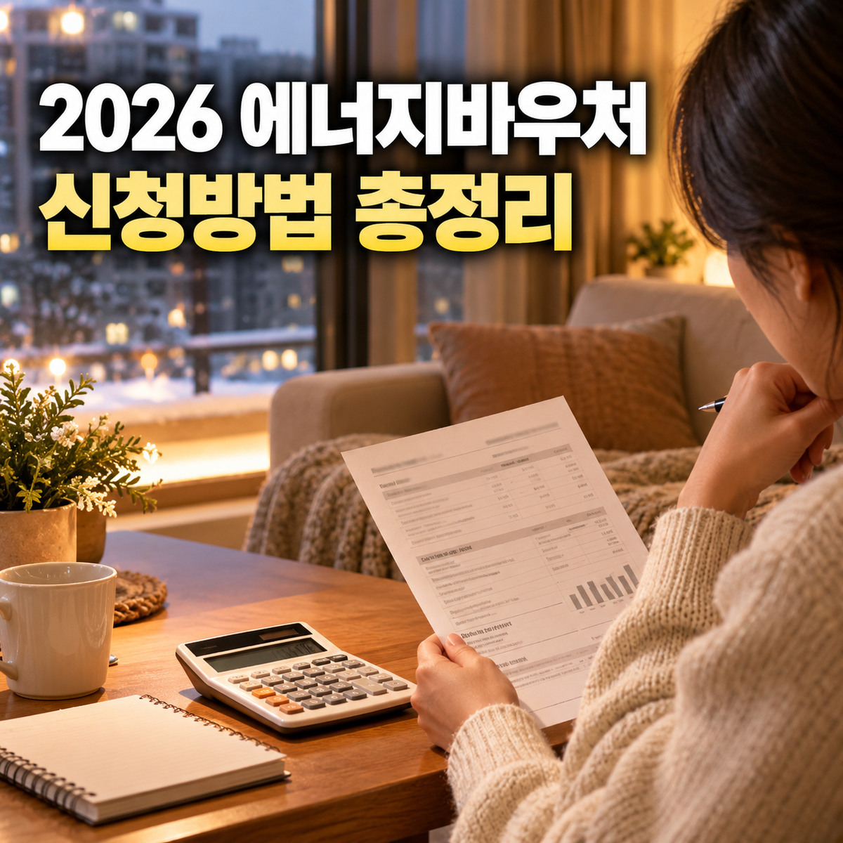 겨울철 거실에서 전기요금 고지서와 계산기를 확인하는 사람 위로 2026 에너지바우처 신청방법 문구가 보이는 대표 이미지