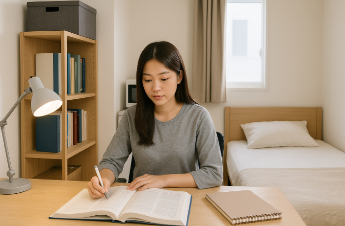 자취방에서 공부하는 대학생 사진