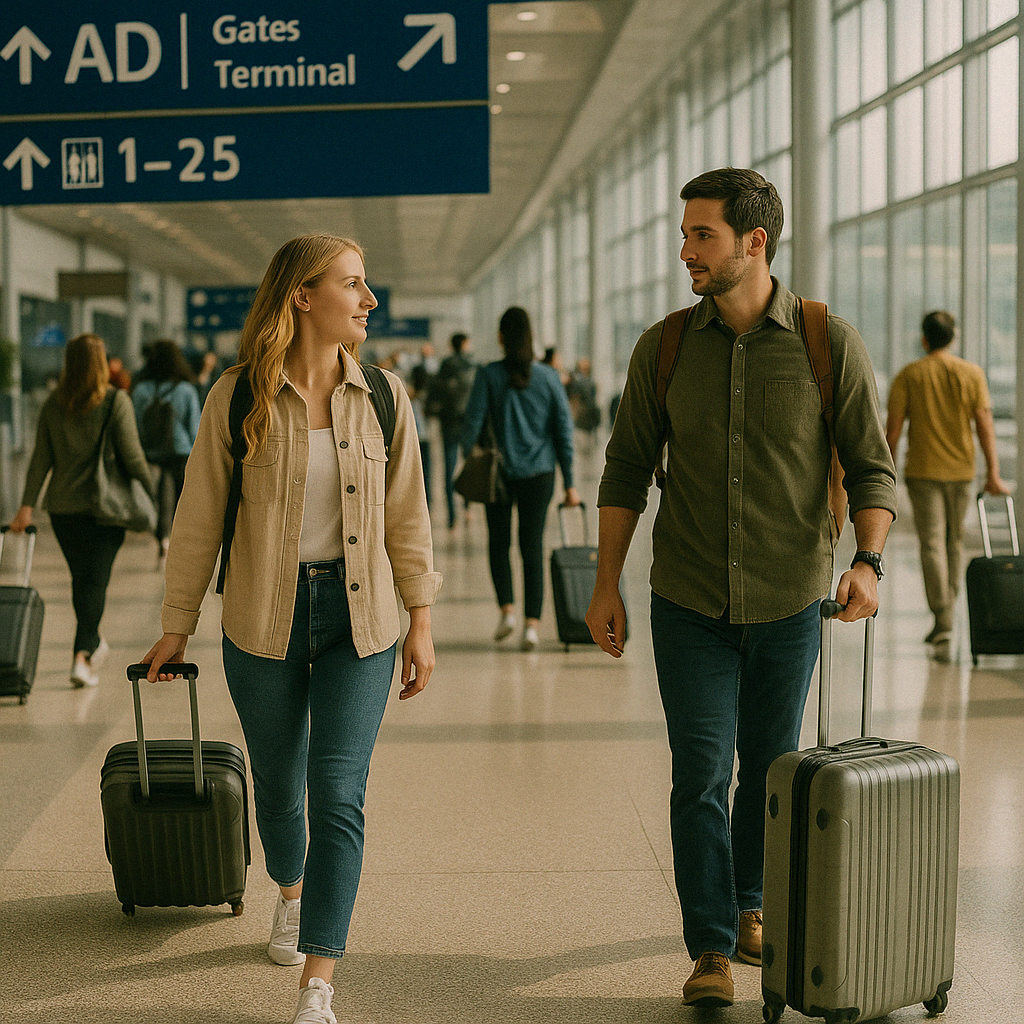공항에서 수하물을 옮기며 이동 중인 여행자들의 모습으로&amp;#44; 출국 전 분주한 공항의 분위기를 담은 이미지입니다.