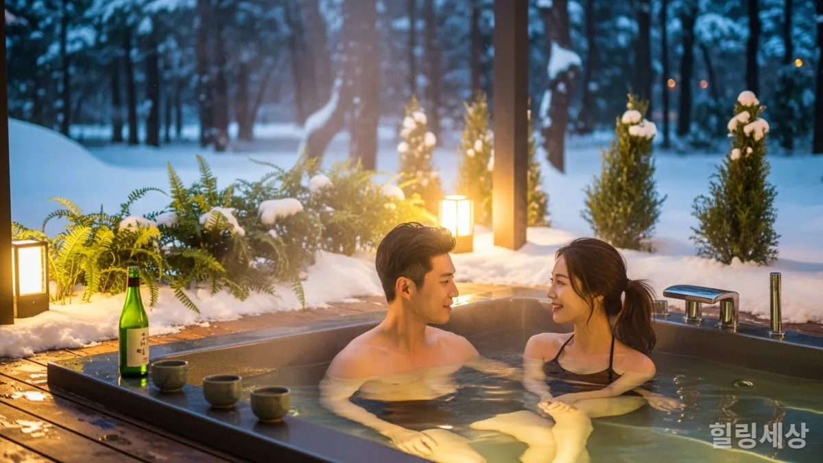 겨울 온수풀이 있는 국내 럭셔리 풀빌라에서 휴식하는 한국인 커플