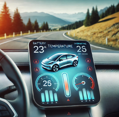 전기차 대시보드를 확대하여 배터리 온도 표시기와 함께 멋진 도로 배경을 배경으로 보여주며, 배터리 온도 모니터링의 중요성을 강조합니다.