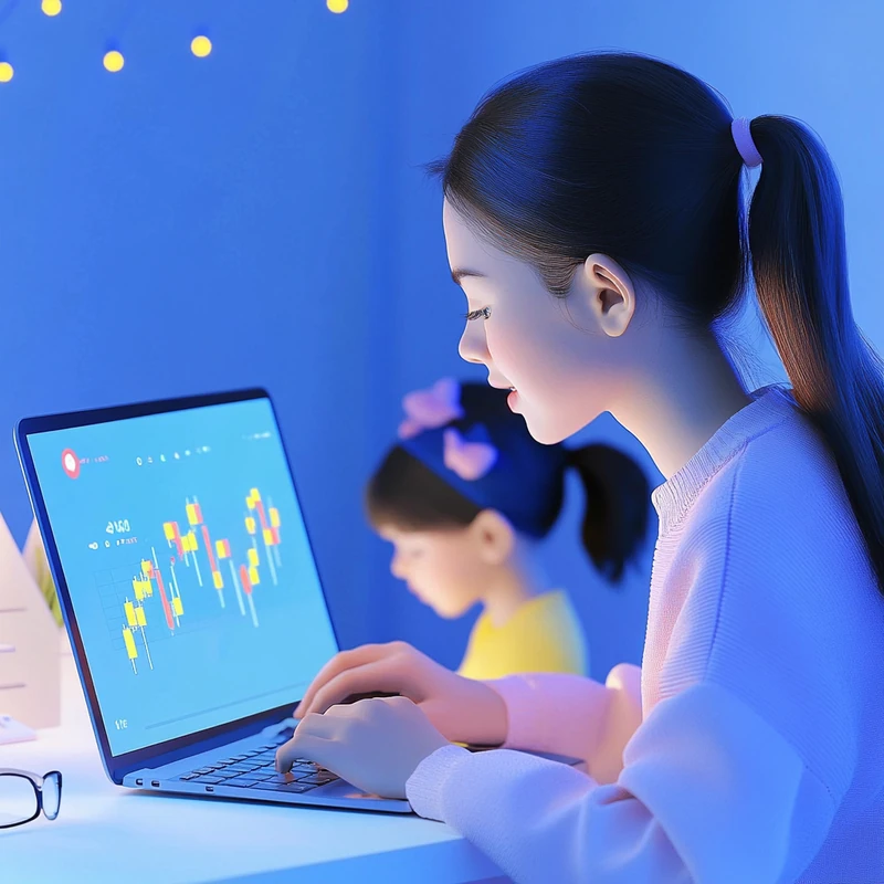 워킹맘이 집에서 아이들과 함께 있는 저녁 시간 동안 노트북으로 2025 연금 테마형 ETF 성과 차트를 분석하며 투자 계획을 세우는 장면. 연금 ETF, 워킹맘 재테크, 테마형 ETF, 성과 분석, 투자 전략 LSI 키워드 포함.